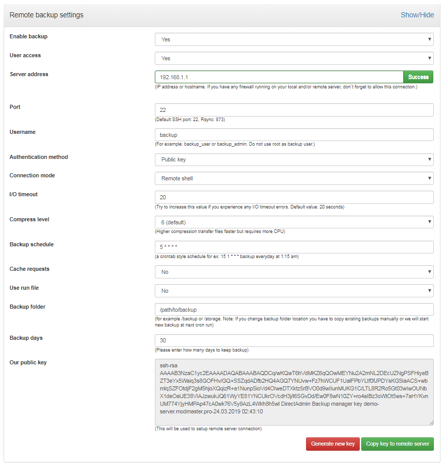 Backup manager Remote settings page