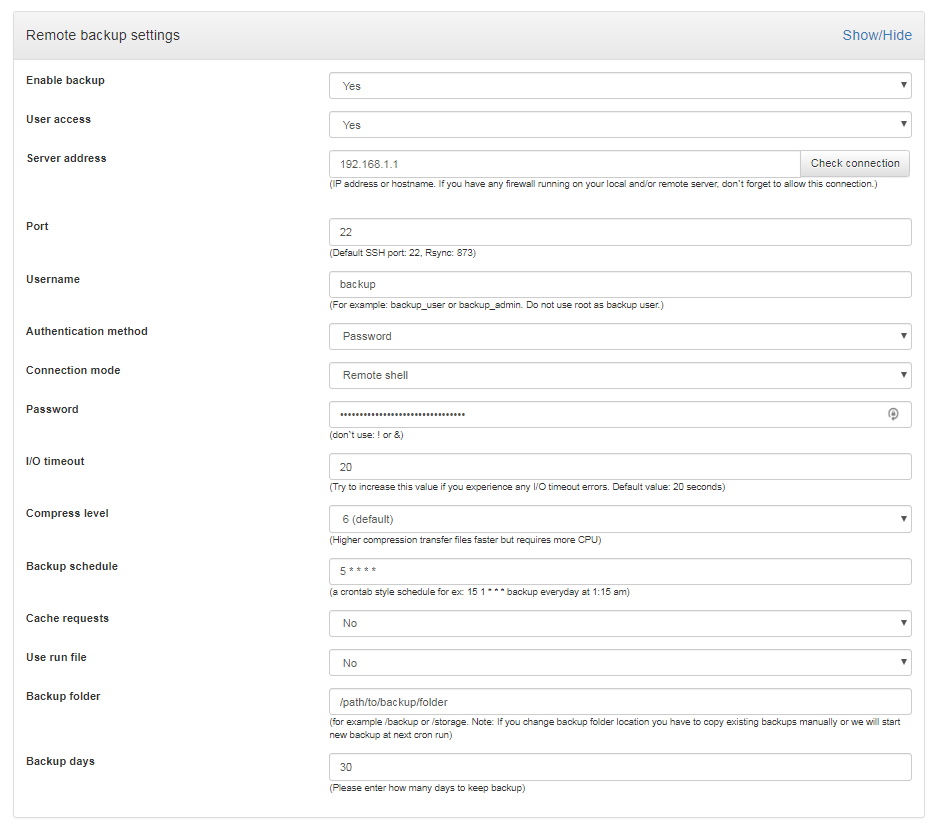 Backup manager Remote settings page