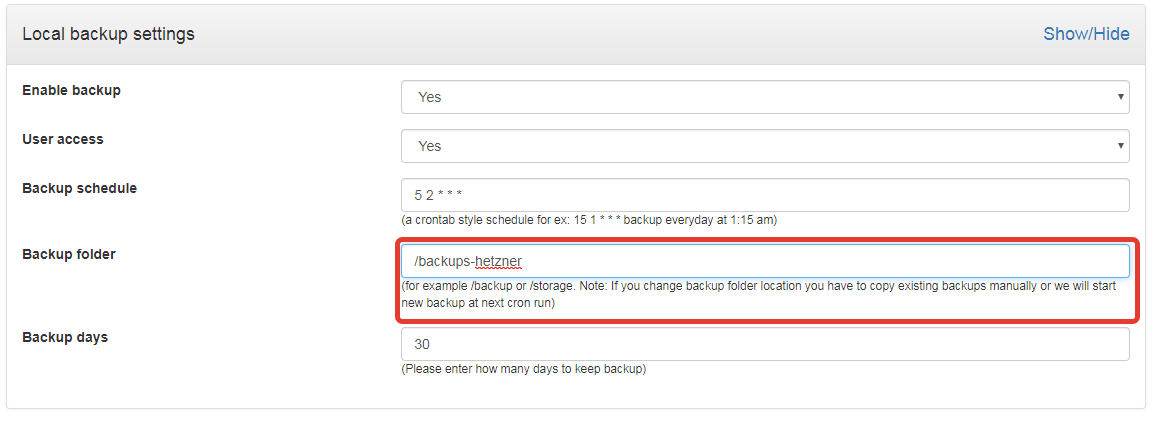 Backup manager Configure local backup on Hetzner storage box