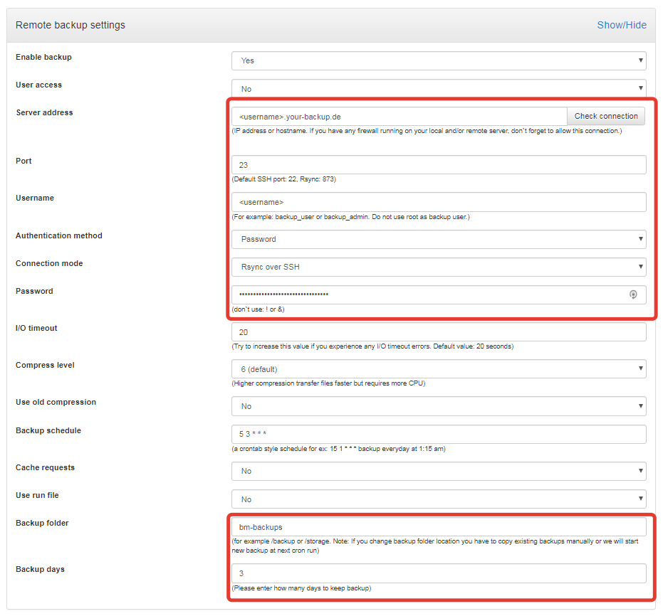 Backup manager Configure local backup on Hetzner storage box