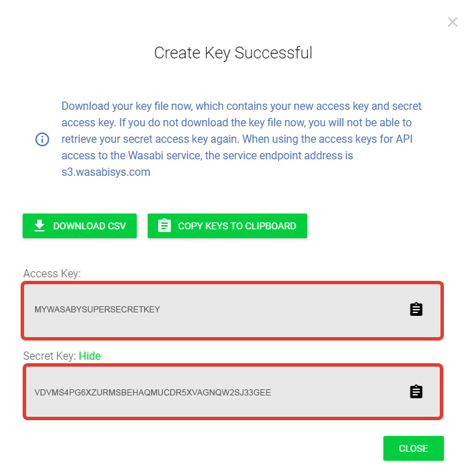 Create new S3 Wasabi access keys Step s