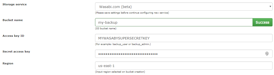 DirectAdmin BackupManager and Wasabi success connection test